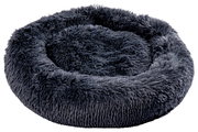 Rundes, flauschiges Hundebett in Dunkelgrau, seitliche Perspektive