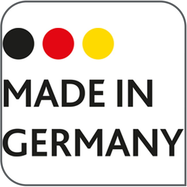 Logo mit der Aufschrift 'Made in Germany' in schwarzer Schrift auf weißem Hintergrund, mit drei darüber liegenden Kreisen in den Farben Schwarz, Rot und Gelb, aus der Vorderansicht.