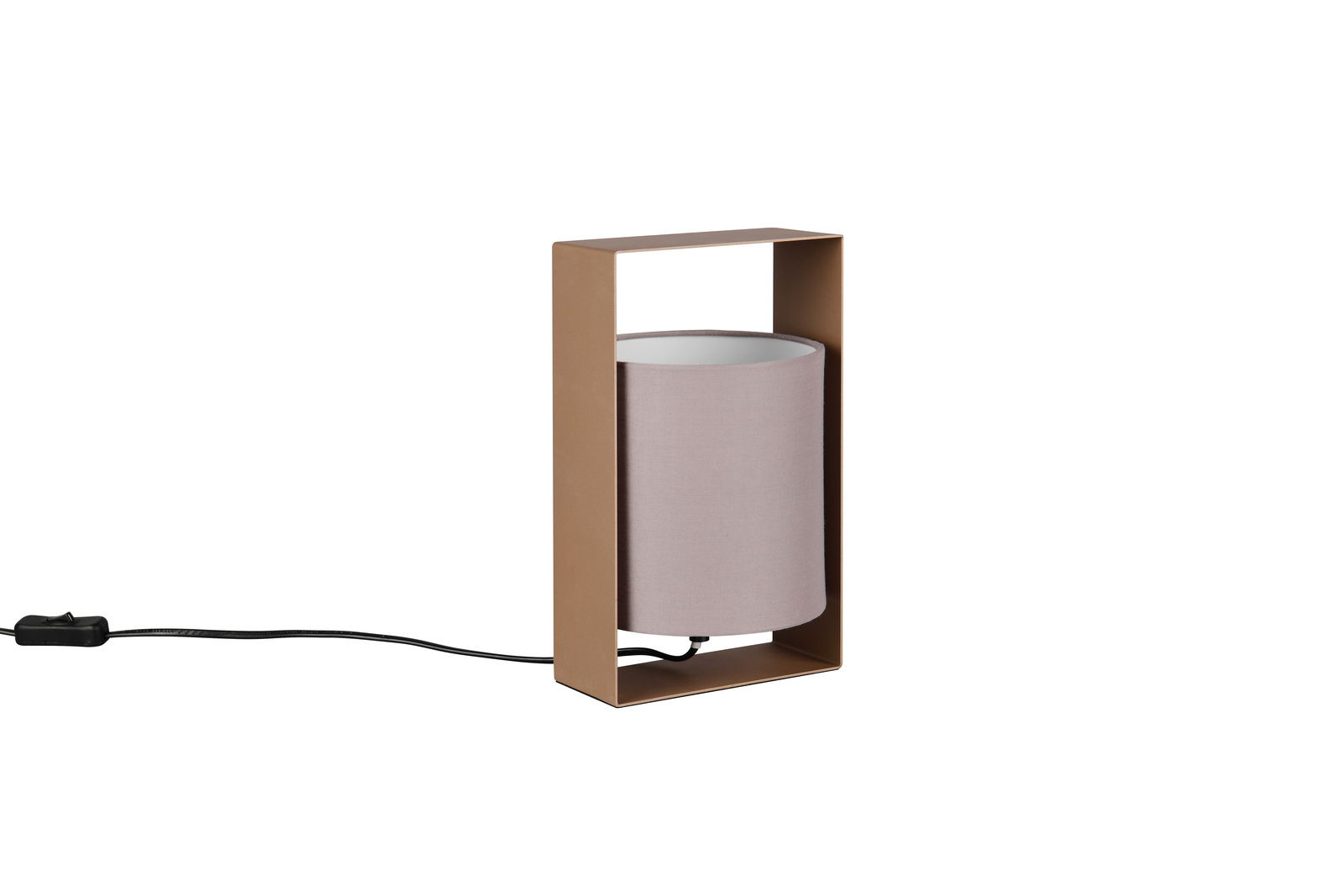 Moderne Tischleuchte mit rechteckigem Rahmen in Braun und zylindrischem, hellgrauem Lampenschirm, seitliche Perspektive