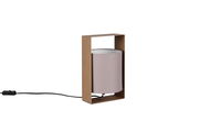 Moderne Tischleuchte mit rechteckigem Rahmen in Braun und zylindrischem, hellgrauem Lampenschirm, seitliche Perspektive