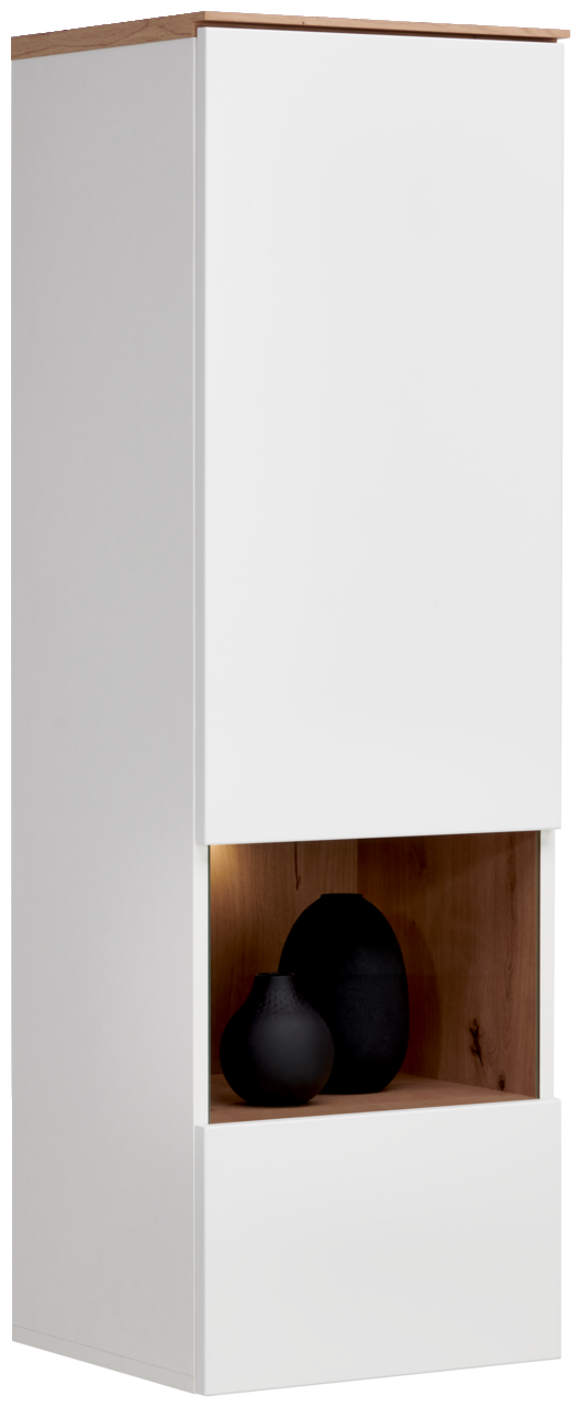 Hom´in Hängevitrine DIANA Hängevitrine in Weiß mit Holzelementen, seitliche Perspektive, mit zwei schwarzen Vasen im offenen Fach
