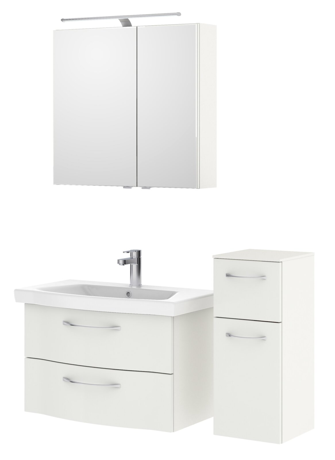 Badezimmermöbel-Set in Weiß mit Spiegelschrank, Waschbeckenunterschrank und hohem Schrank, frontale Perspektive