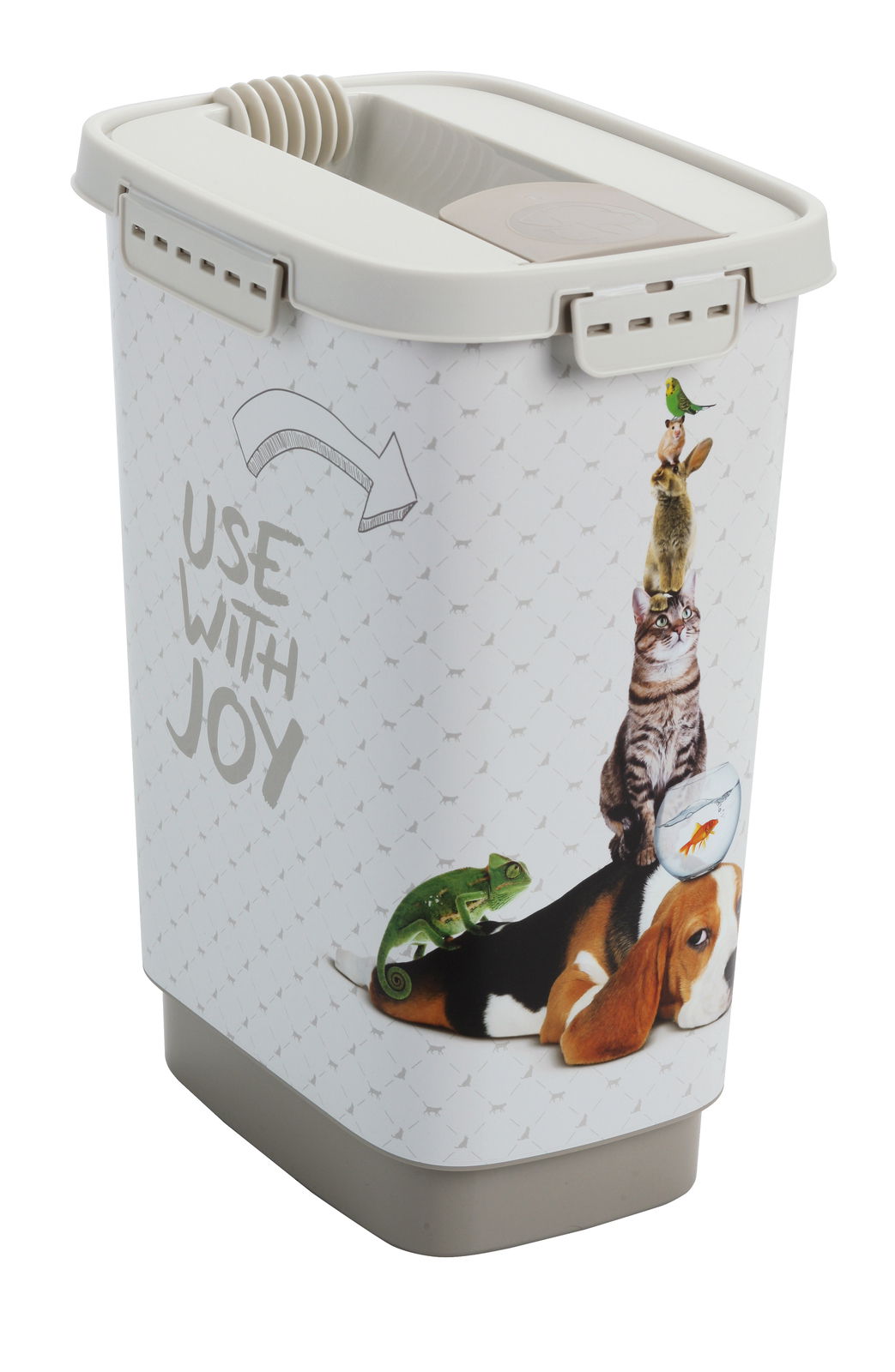 rotho Tierfutterbehälter 10 l CODY Tierfutterbehälter 10 l mit fröhlichem Design, das verschiedene Tiere zeigt, aus schräger Perspektive fotografiert.