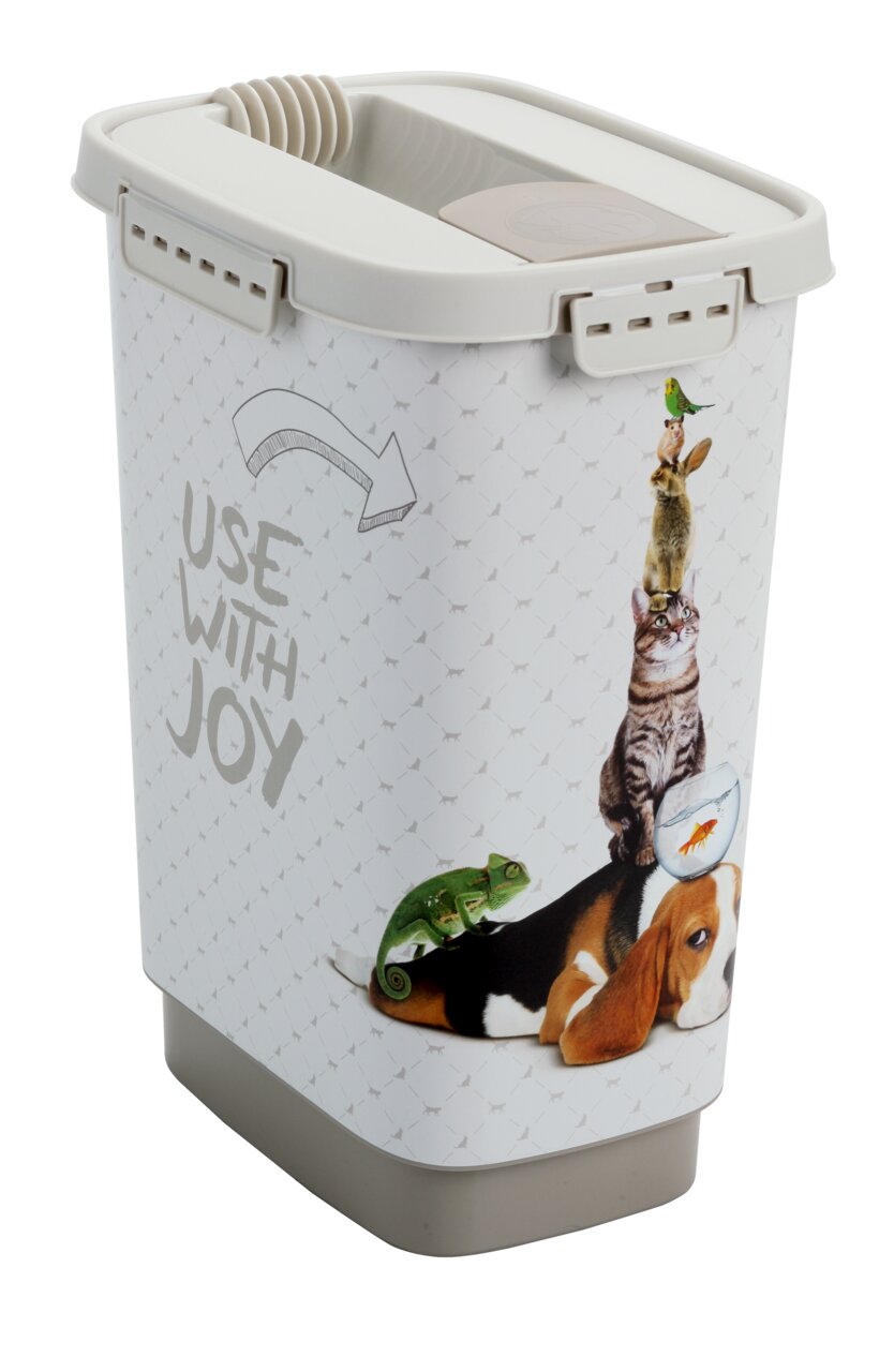 Tierfutterbehälter 10 l mit fröhlichem Design, das verschiedene Tiere zeigt, aus schräger Perspektive fotografiert.