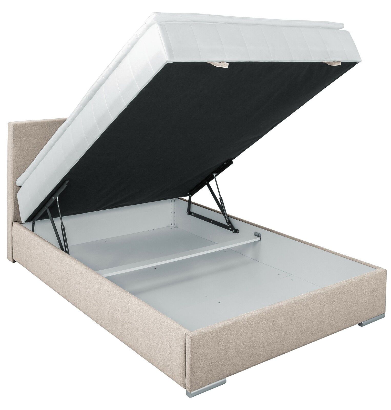 Boxbett 140 mit geöffnetem Stauraum, seitliche Perspektive