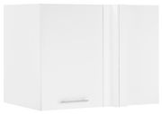Weißer Eckschrank mit einer Tür und silbernem Griff, frontal abgebildet