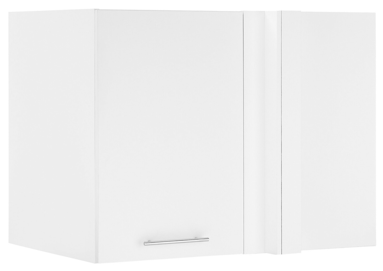 Weißer Eckschrank mit einer Tür und silbernem Griff, frontal abgebildet