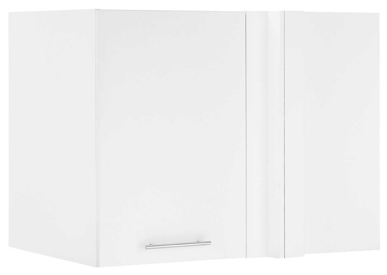 XORA Aufsatz Eckschrank PRIMUS Weißer Eckschrank mit einer Tür und silbernem Griff, frontal abgebildet