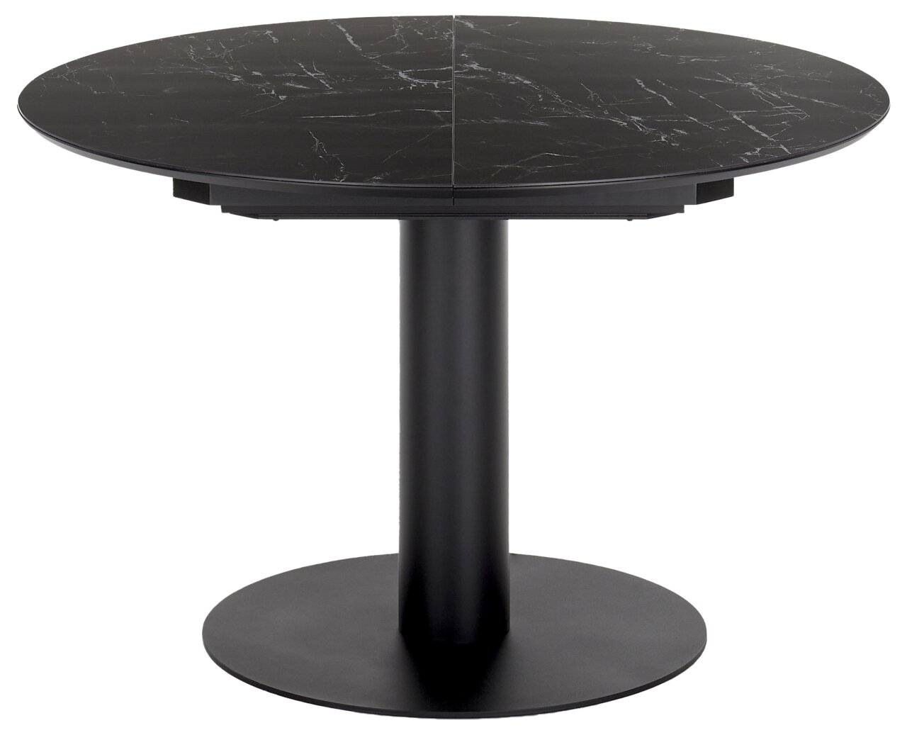 Runder Esstisch mit schwarzer Marmoroptik und zentralem Standfuß, seitliche Perspektive