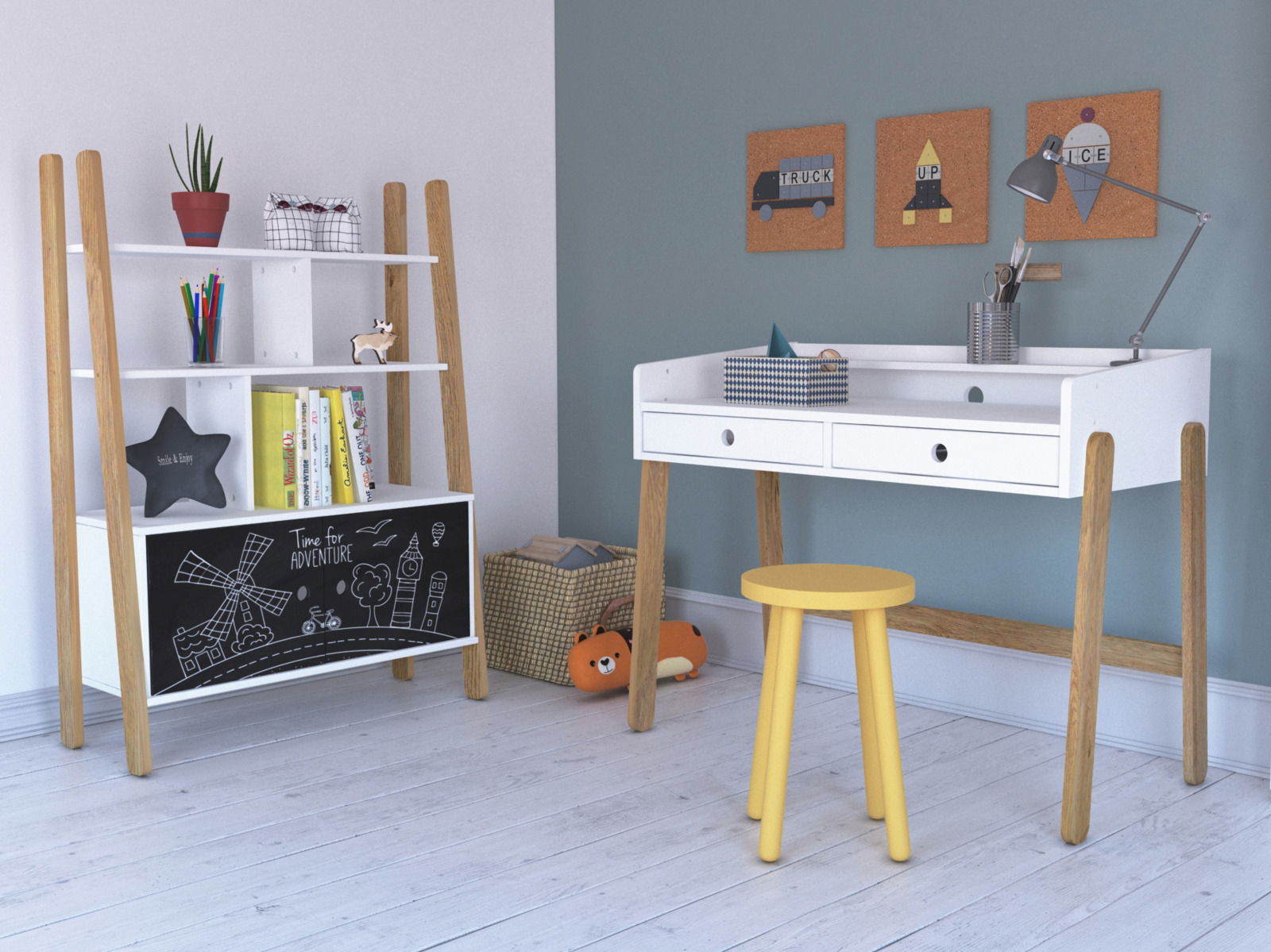 Moderner Schreibtisch mit weißen Schubladen und Holzbeinen, gelber Hocker, Regal mit Dekorationen und Spielzeug, seitliche Perspektive.