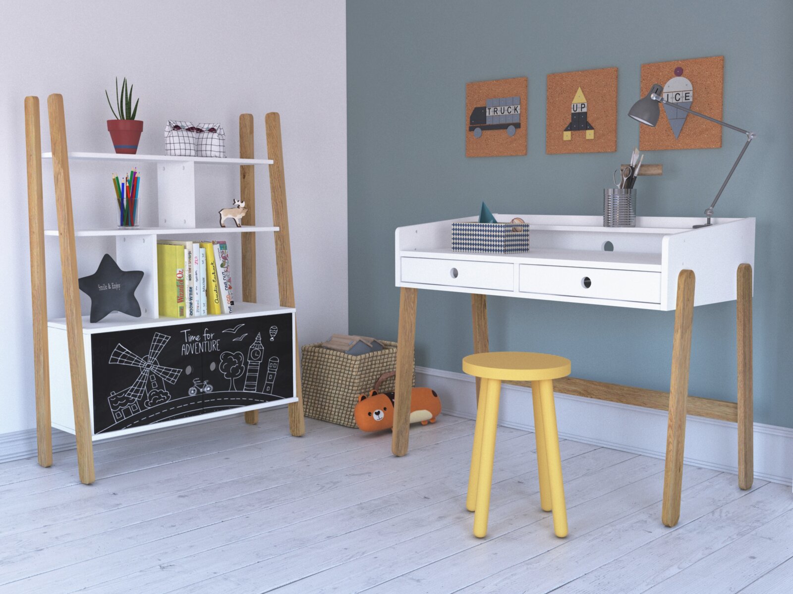 Modern bureau met witte lades en houten poten, gele kruk, plank met decoraties en speelgoed, zijaanzicht.