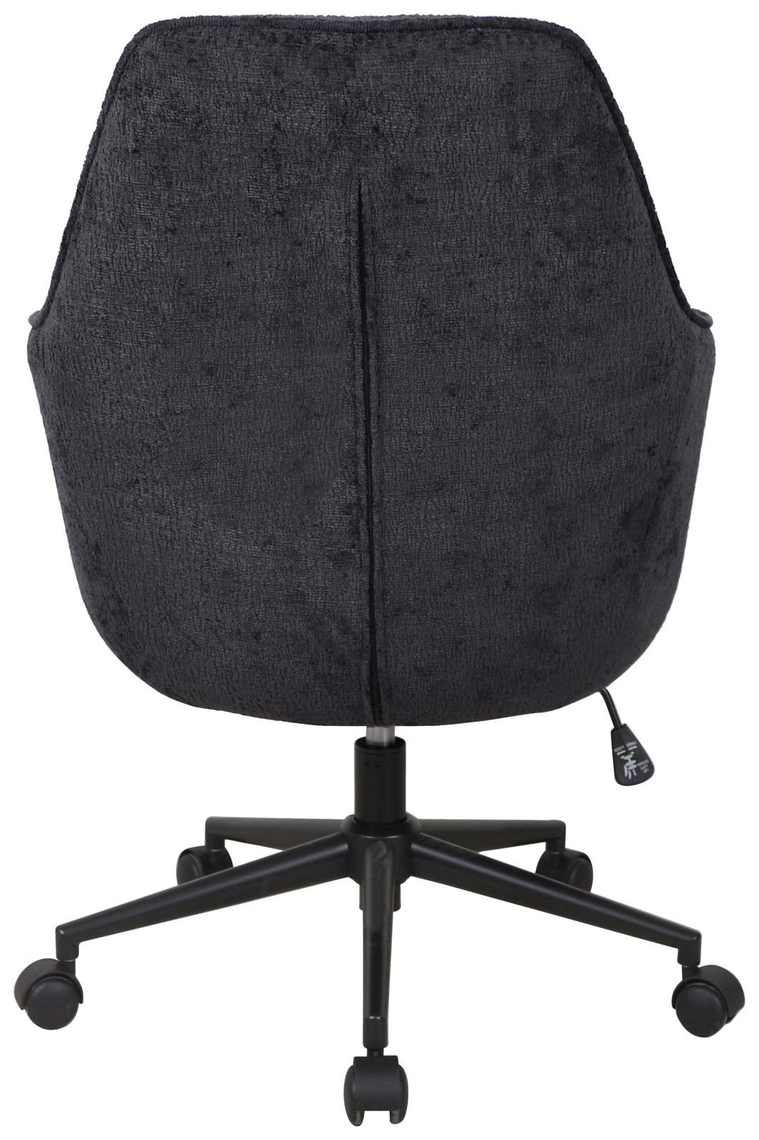 Rückansicht eines schwarzen Drehstuhls mit weicher Polsterung und fünf Rollen.