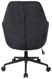 Rückansicht eines schwarzen Drehstuhls mit weicher Polsterung und fünf Rollen.