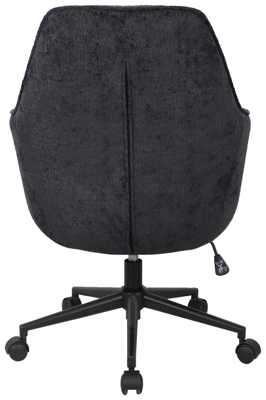 Rückansicht eines schwarzen Drehstuhls mit weicher Polsterung und fünf Rollen.