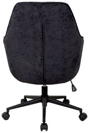 Rückansicht eines schwarzen Drehstuhls mit weicher Polsterung und fünf Rollen.