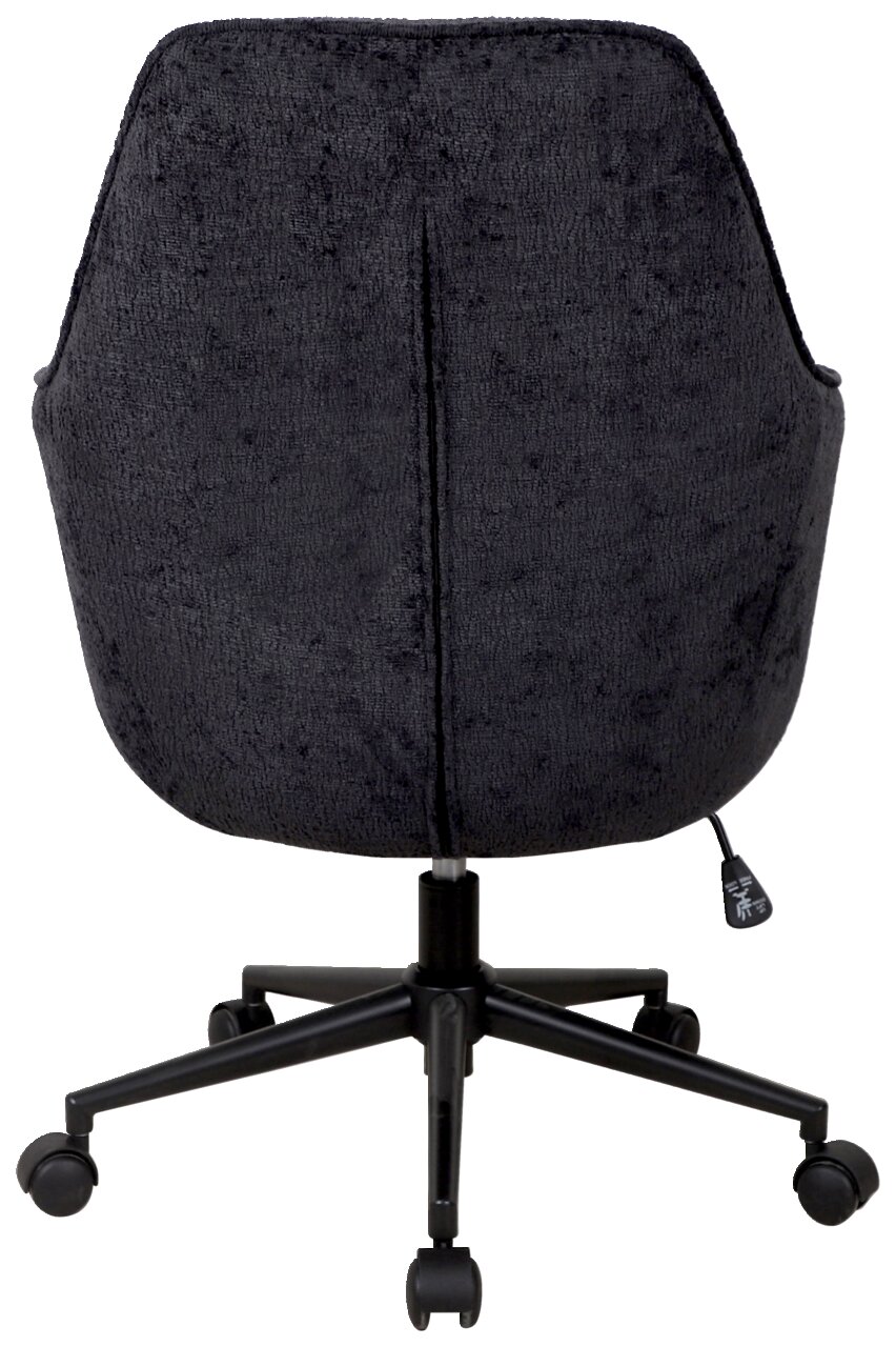 Rückansicht eines schwarzen Drehstuhls mit weicher Polsterung und fünf Rollen.