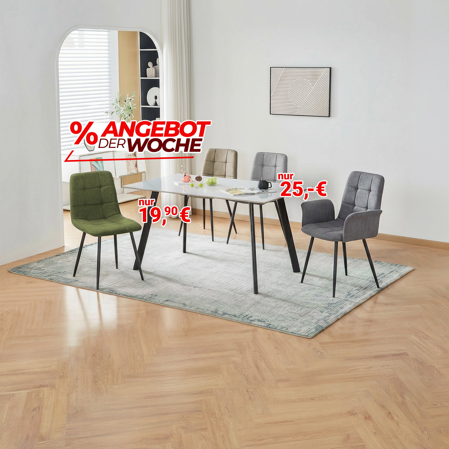 Moderner Esstisch mit vier Stühlen auf Teppich, Angebot der Woche