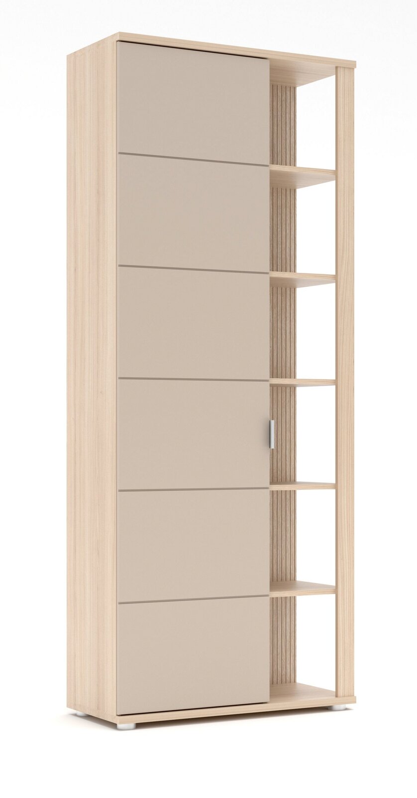 Voleo Garderobenschrank BASEL Moderner Garderobenschrank mit Schiebetür und offenen Regalfächern, seitliche Perspektive