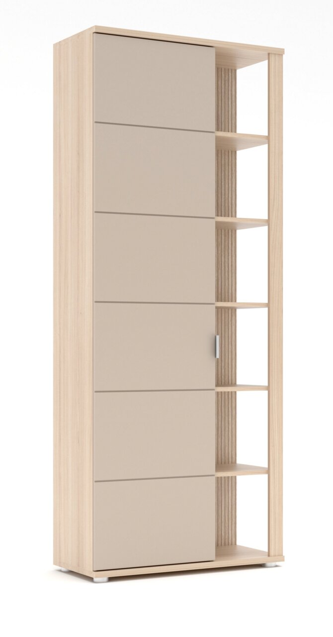 Voleo Garderobenschrank BASEL Moderner Garderobenschrank mit Schiebetür und offenen Regalfächern, seitliche Perspektive