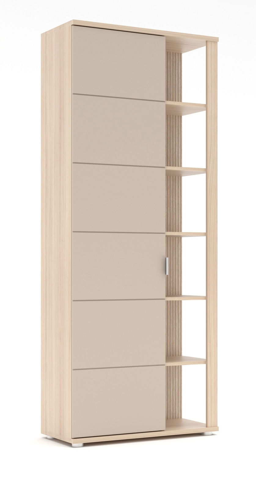 Moderner Garderobenschrank mit Schiebetür und offenen Regalfächern, seitliche Perspektive