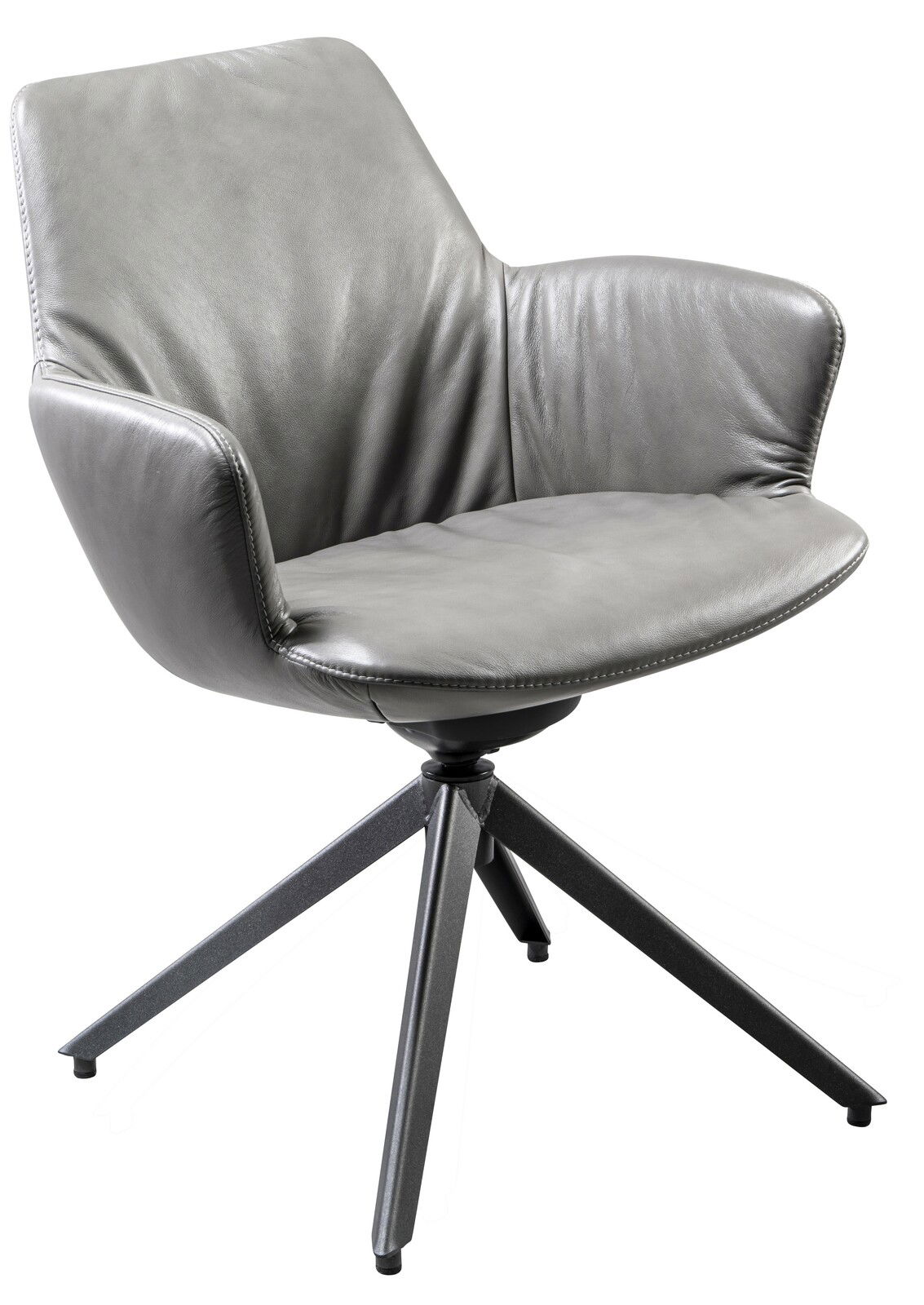 Grauer Armlehnstuhl mit modernem Design, seitliche Perspektive