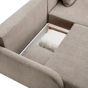 Ecksofa JENIFER in beige mit geöffneter Stauraumfunktion, von oben betrachtet.