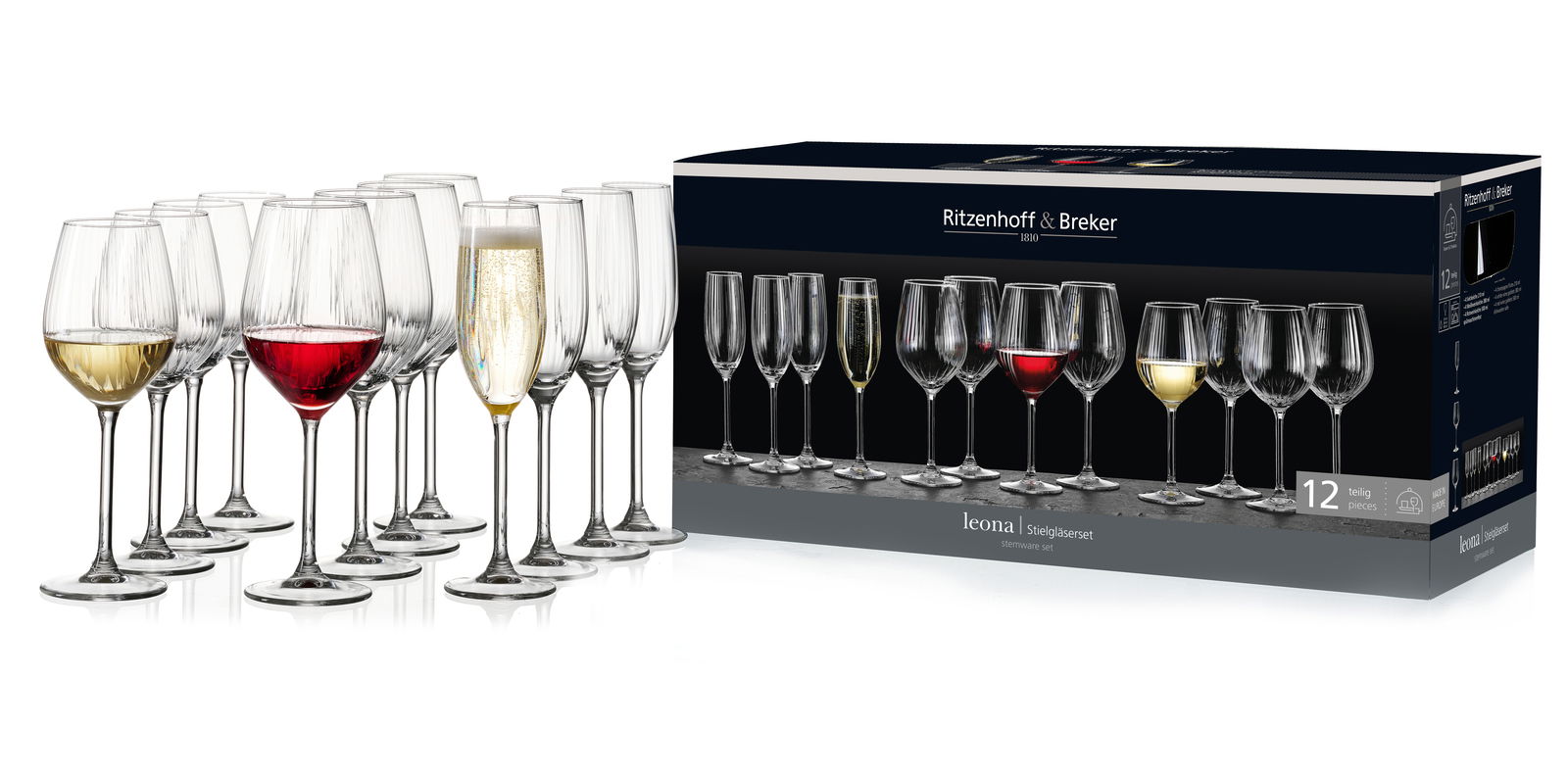 Stielgläser-Set mit 12 Teilen, bestehend aus verschiedenen Weingläsern und Sektgläsern, seitliche Perspektive