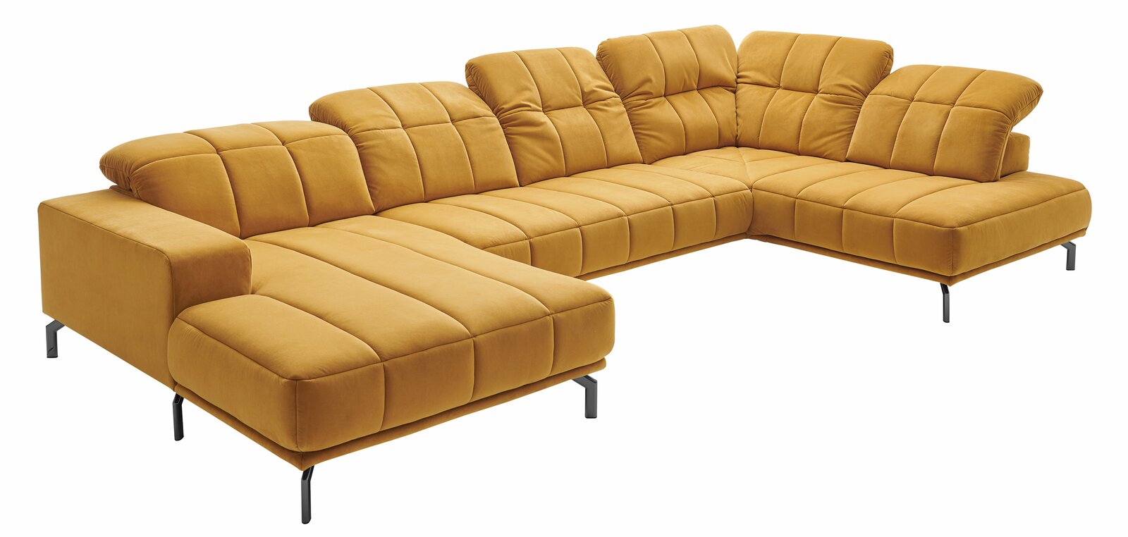 Gelbe Polsterrundecke in L-Form mit modernen, schwarzen Beinen, seitliche Perspektive