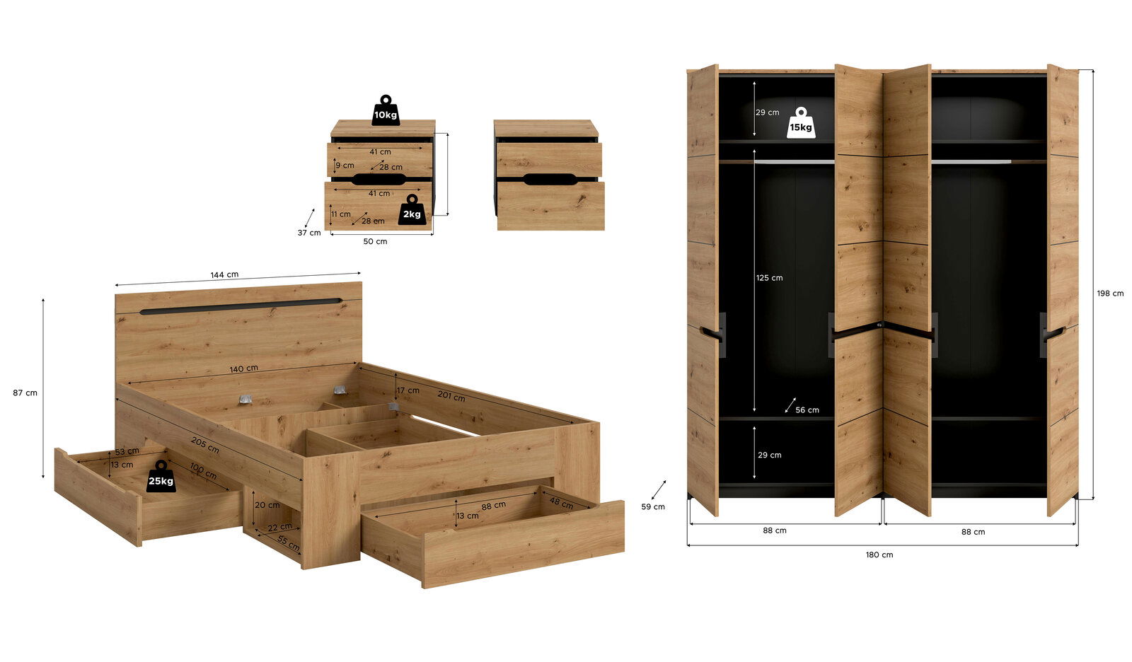 Maßskizze eines Schlafzimmermöbel-Sets in Holzoptik: Bettgestell mit Kopfteil und zwei Schubladen sowie zweitüriger Kleiderschrank mit Innenaufteilung, dargestellt in Frontansicht und teils geöffnet.