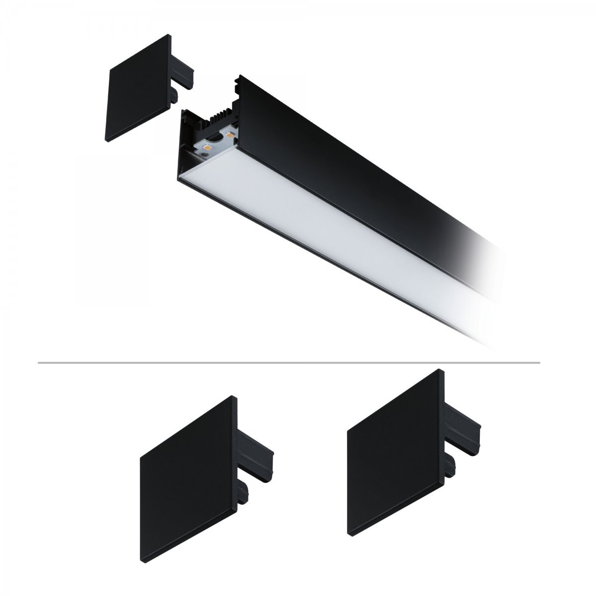 Schwarze lineare LED-Leuchte/Profil mit opaler Abdeckung und abnehmbaren Endkappen, in schräger Perspektive von unten auf weißem Hintergrund dargestellt
