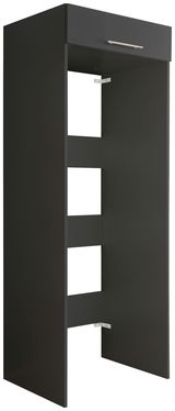 Schwarzer Doppel-Geräteschrank mit offener Vorderseite und einer Schublade oben, seitliche Perspektive