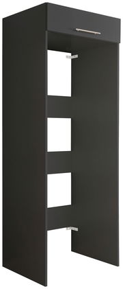 Schwarzer Doppel-Geräteschrank mit offener Vorderseite und einer Schublade oben, seitliche Perspektive