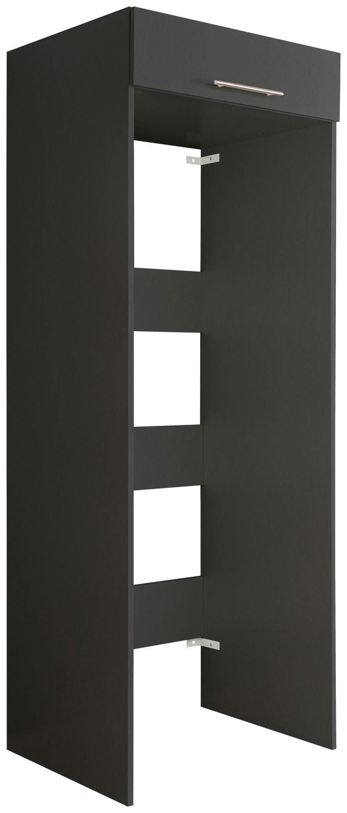 Schwarzer Doppel-Geräteschrank mit offener Vorderseite und einer Schublade oben, seitliche Perspektive