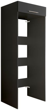 Schwarzer Doppel-Geräteschrank mit offener Vorderseite und einer Schublade oben, seitliche Perspektive