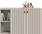 Moderne Sideboard-Kommode in Hellgrau mit vertikaler Lamellenfront und zwei Türen, links offenes Regal mit Büchern, auf der Deckplatte Dekofiguren und Vasen, Frontansicht leicht von oben