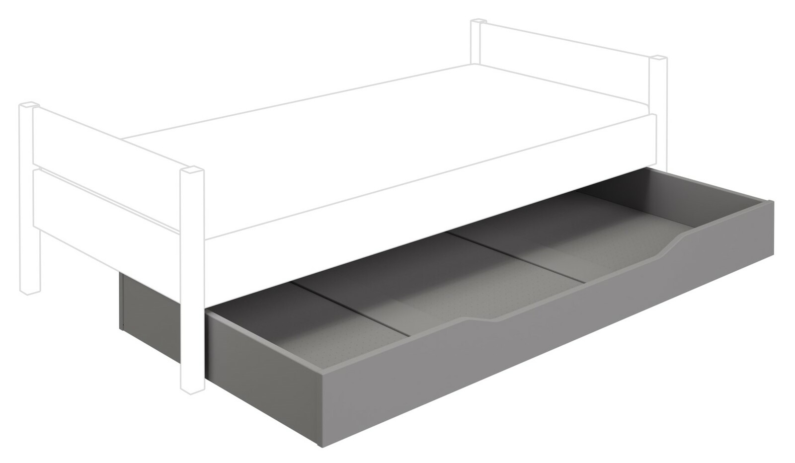 Unterschiebebett in grauer Farbe, perspektivisch von der Seite gezeigt, mit herausgezogenem Bettkasten.