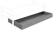 Unterschiebebett in grauer Farbe, perspektivisch von der Seite gezeigt, mit herausgezogenem Bettkasten.