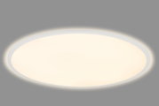 Ronde led-plafondlamp met een plat, wit frame en warmwit licht, bovenaanzicht van onderaf