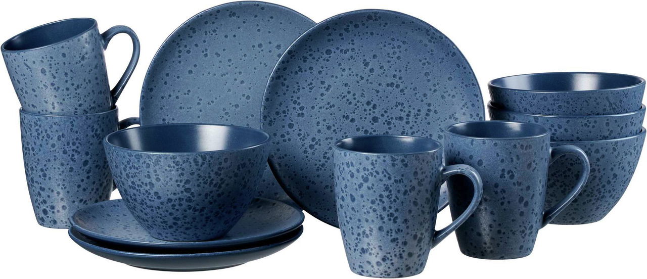 Frontalansicht eines 12-teiligen blauen Frühstückssets mit Tassen, Schalen und Tellern in gesprenkeltem Design.