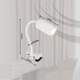 Weißer Klemmstrahler aus Metall mit flexiblem Hals, seitliche Perspektive, ideal zur Befestigung an Möbeln.