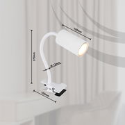 Weißer Klemmstrahler aus Metall mit flexiblem Hals, seitliche Perspektive, ideal zur Befestigung an Möbeln.