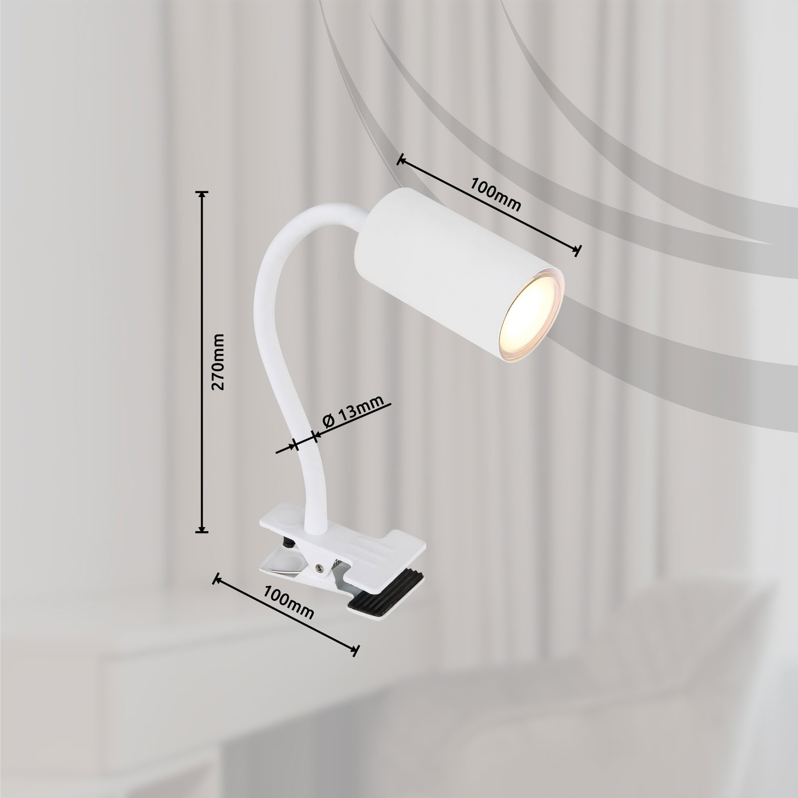 Weißer Klemmstrahler aus Metall mit flexiblem Hals, seitliche Perspektive, ideal zur Befestigung an Möbeln.