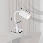 Weißer Klemmstrahler aus Metall mit flexiblem Hals, seitliche Perspektive, ideal zur Befestigung an Möbeln.