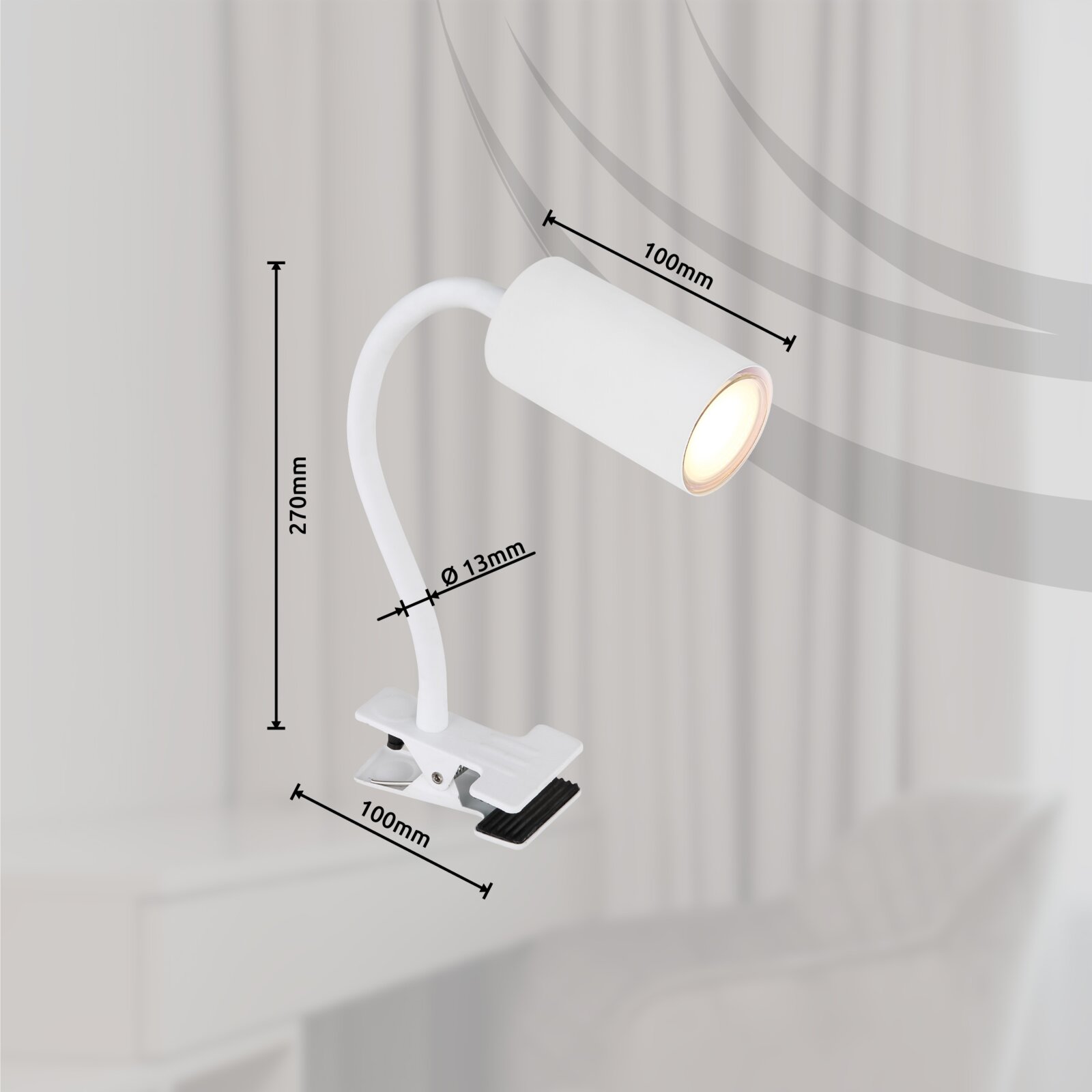 Witte metalen klemspot met flexibele arm, zijaanzicht, ideaal om aan meubels te bevestigen.