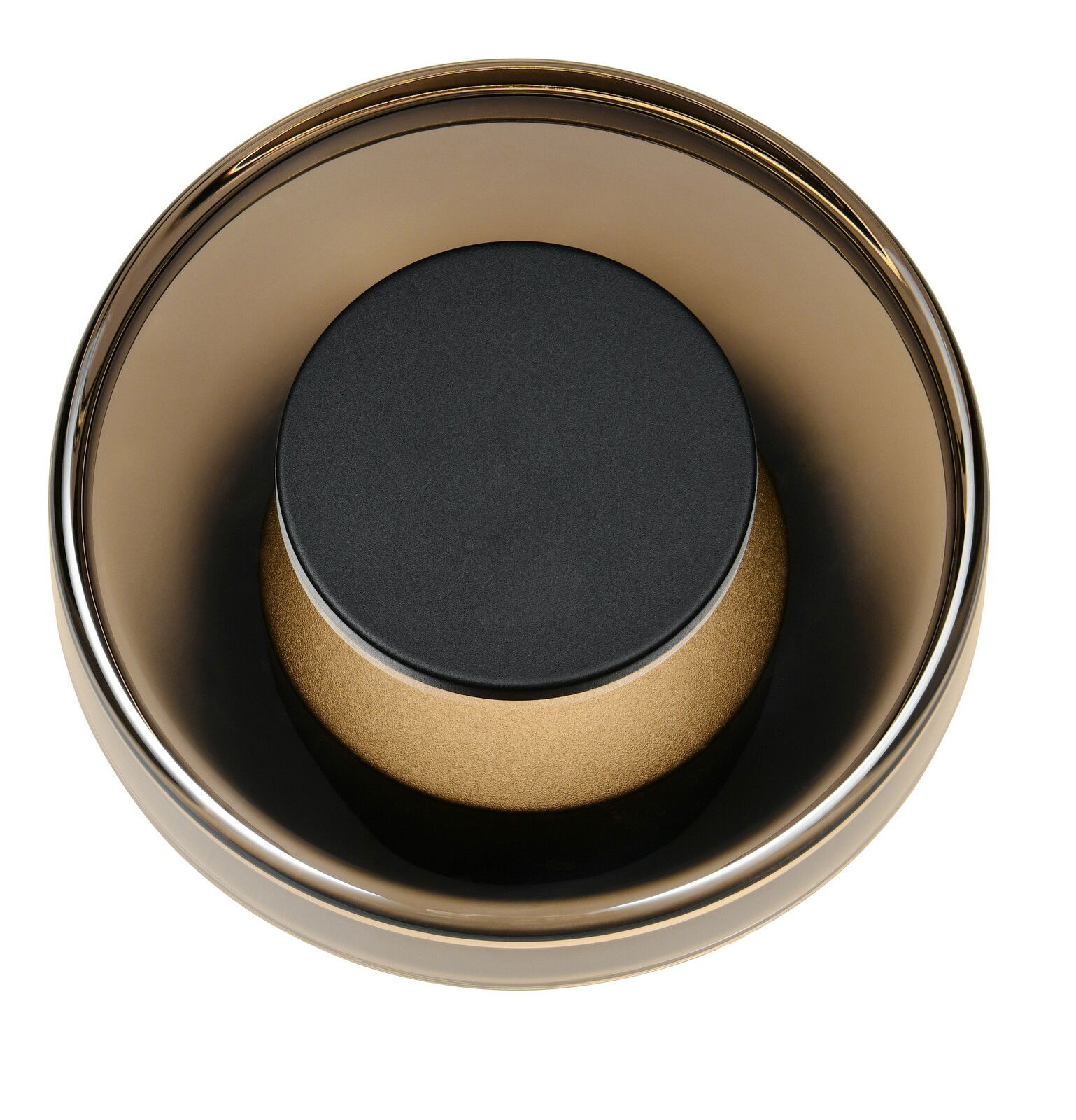 Ansicht von oben auf die Wandleuchte Celeste mit einem modernen, runden Design in Schwarz und Gold.