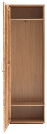 Offener Garderobenschrank aus Holz mit einer Tür, zwei Regalböden und einer Kleiderstange, frontal betrachtet.