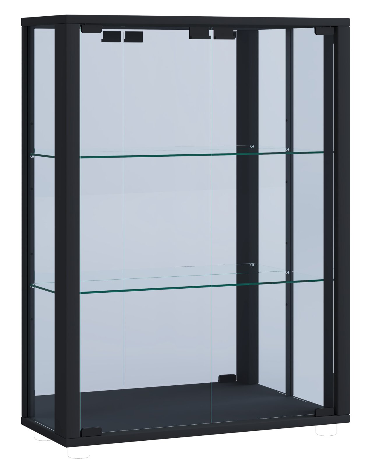 VCM Wandvitrine UDINA Schwarze Glasvitrine mit transparenten Glasscheiben und zwei Glasböden, Frontansicht leicht schräg von vorne