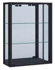 Schwarze Glasvitrine mit transparenten Glasscheiben und zwei Glasböden, Frontansicht leicht schräg von vorne