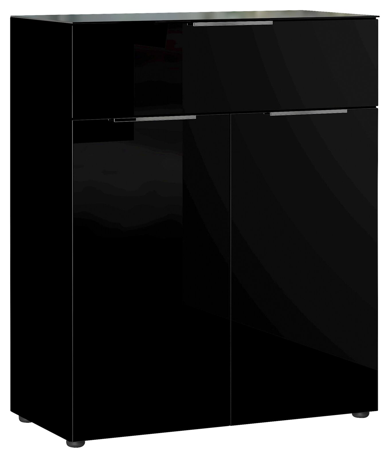 Schwarze Hochglanz-Kommode mit zwei Türen und einer Schublade, frontale Ansicht