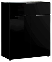 Schwarze Hochglanz-Kommode mit zwei Türen und einer Schublade, frontale Ansicht